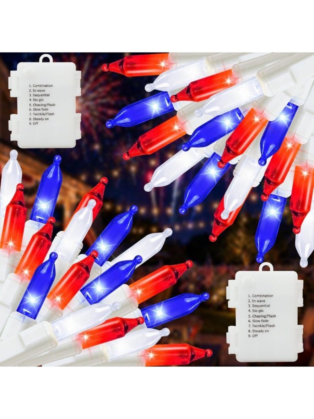 2 Pack 100 LED Battery Operated Red White Blue Lights - 38.4FT, 8 Modes, Indoor